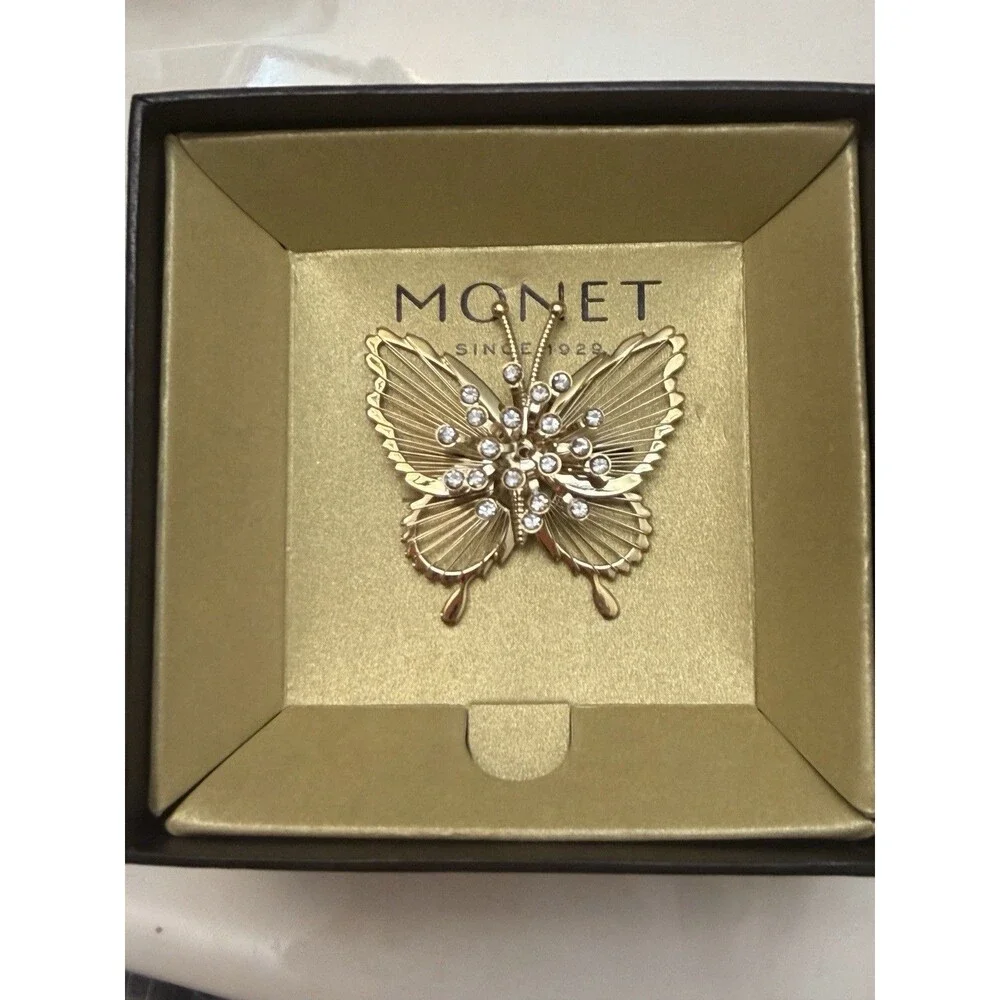 Lovely Monet Vintage Gold Tone Butterfly Brooch With Rhinestones